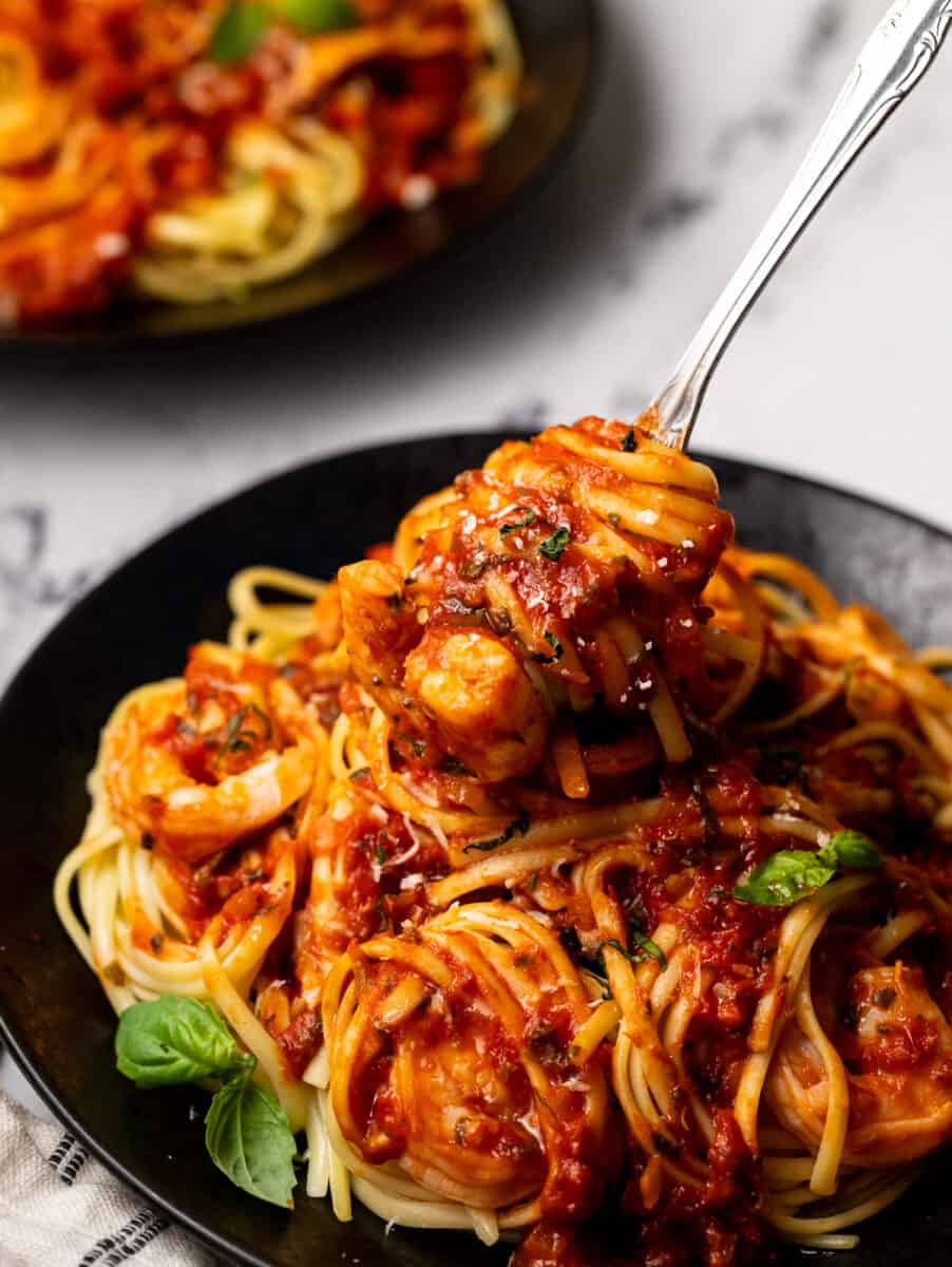 Twisted forkful of pasta fra diavolo.