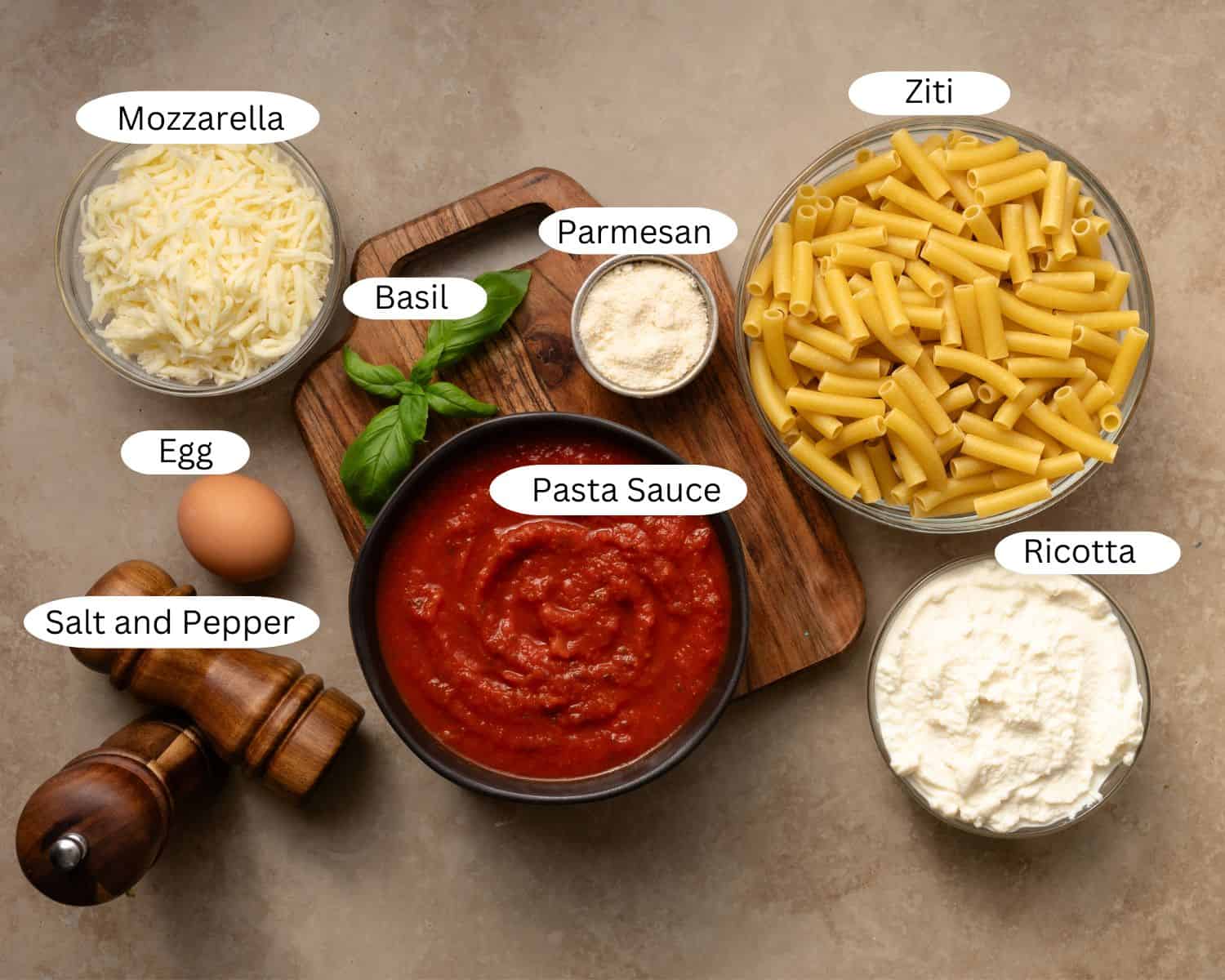 Ingredients for baked ziti.