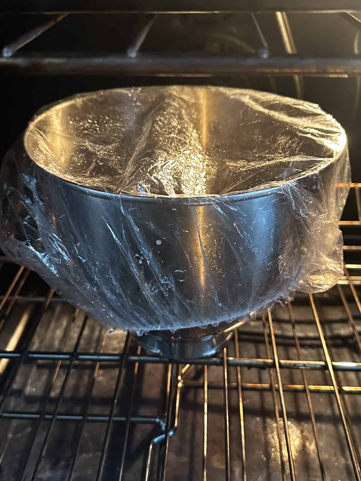 Bowl of dough covered and placed in oven to rise with light on. 