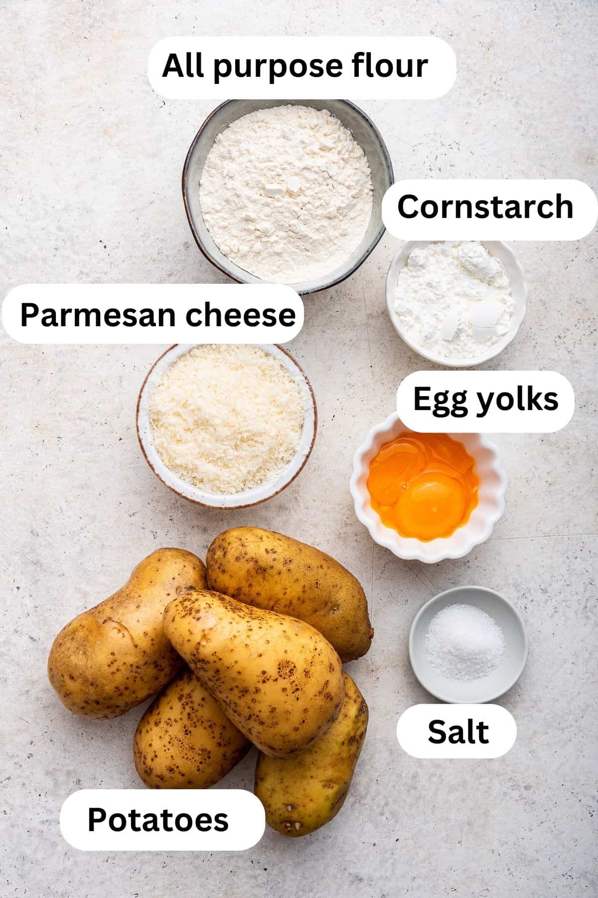 Ingredients for potato gnocchi.