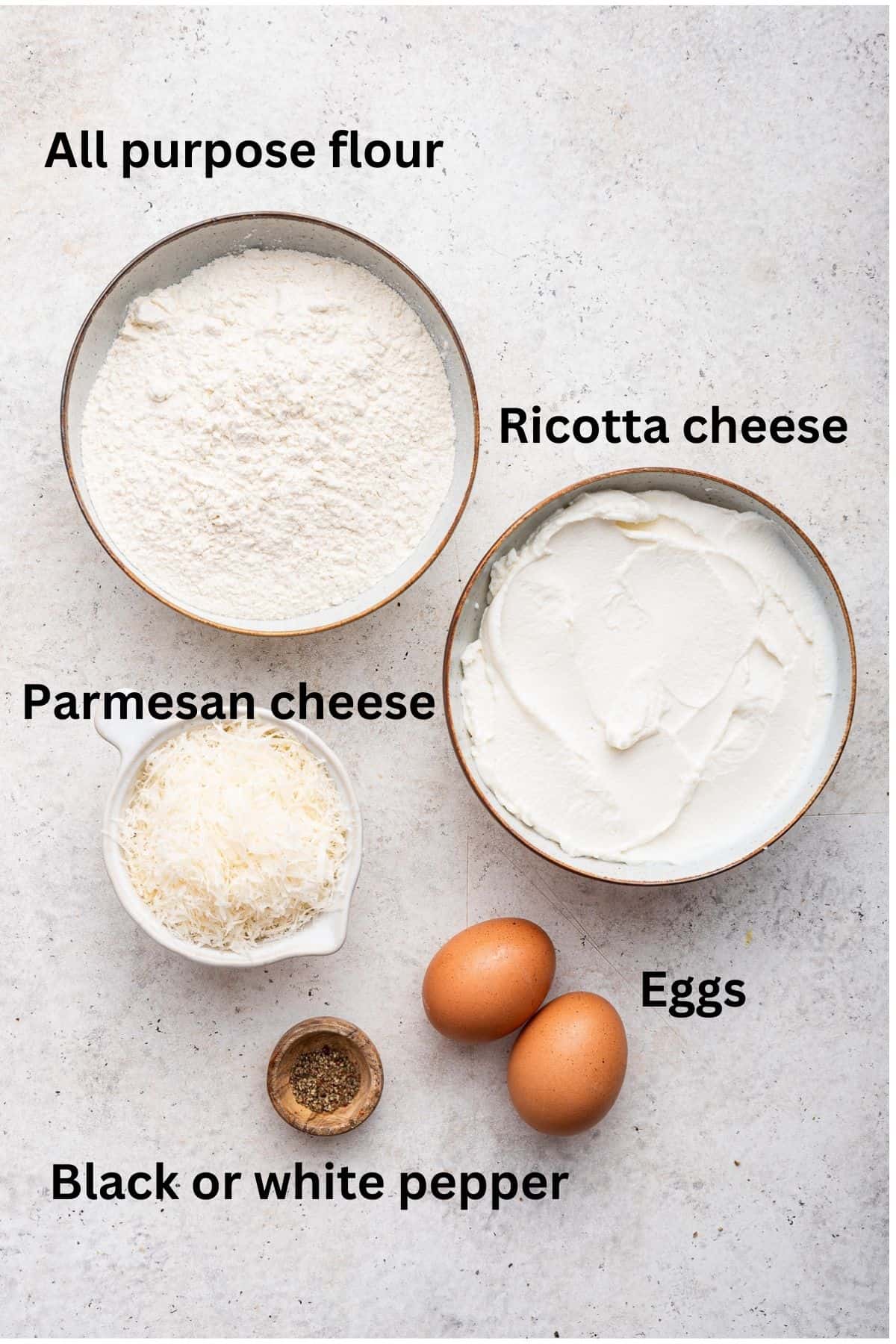 Ingredients for ricotta gnocchi. 