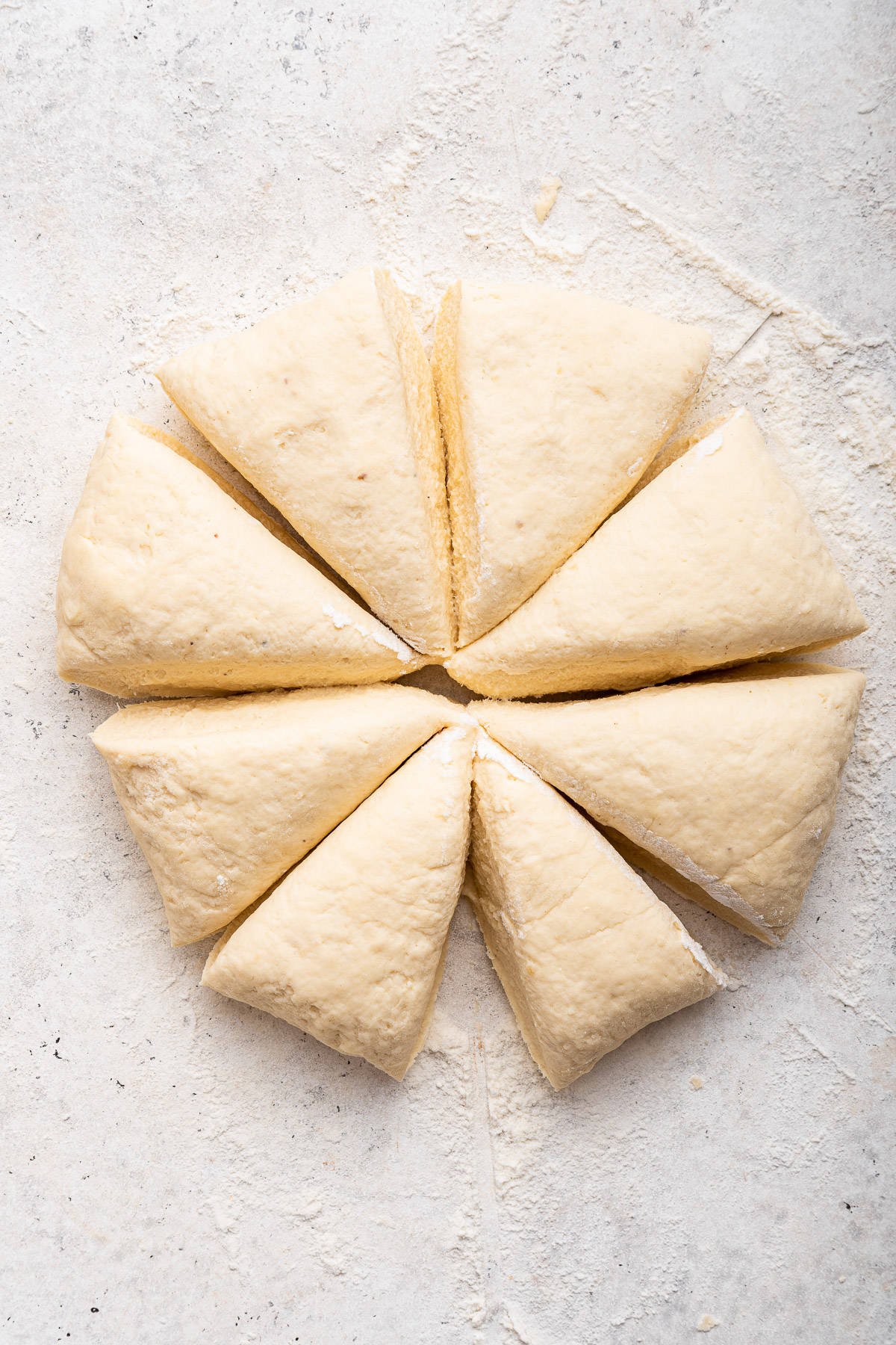 Ricotta gnocchi dough cut into eight pieces.
