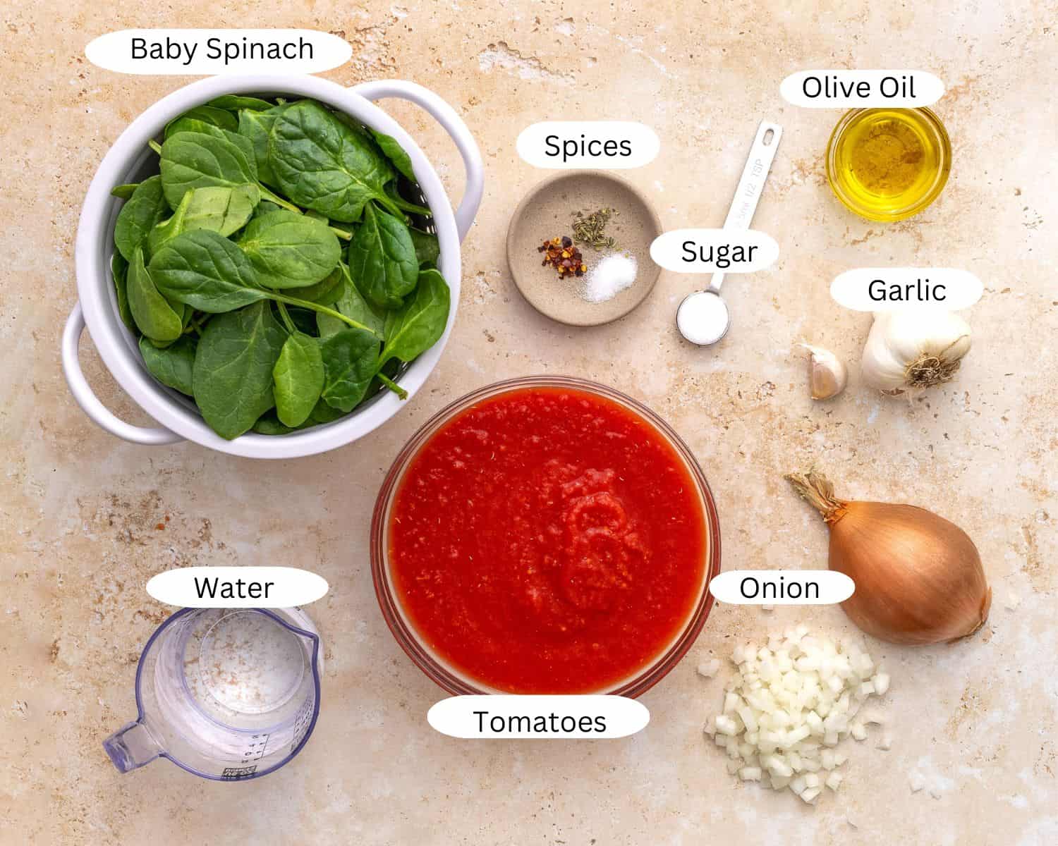 Ingredients for tomato florentine soup. 