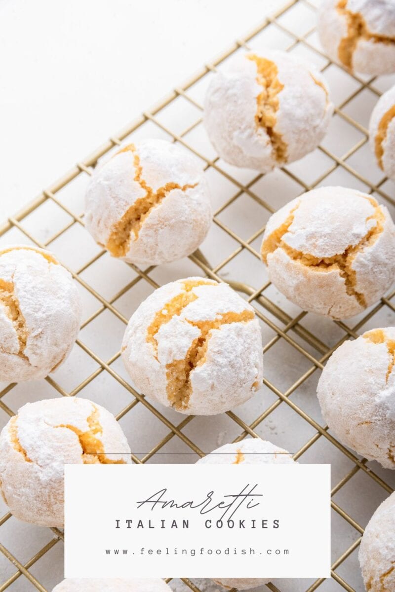 Pinterest image of amaretti cookies on wire rack.