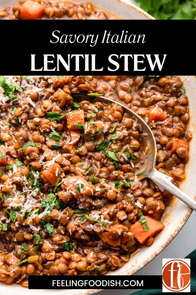 Italian lentils with spoon in large dish.