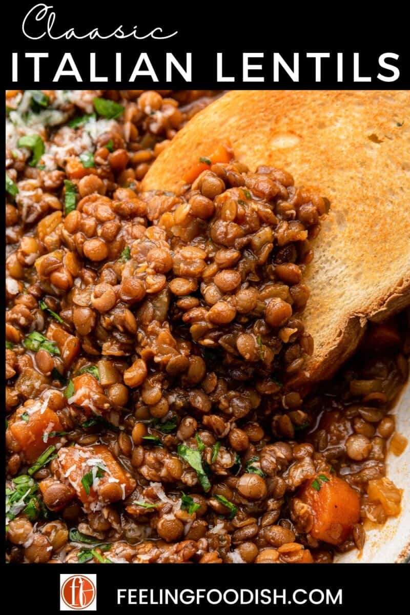 Slice of bread dipping into Italian lentils.