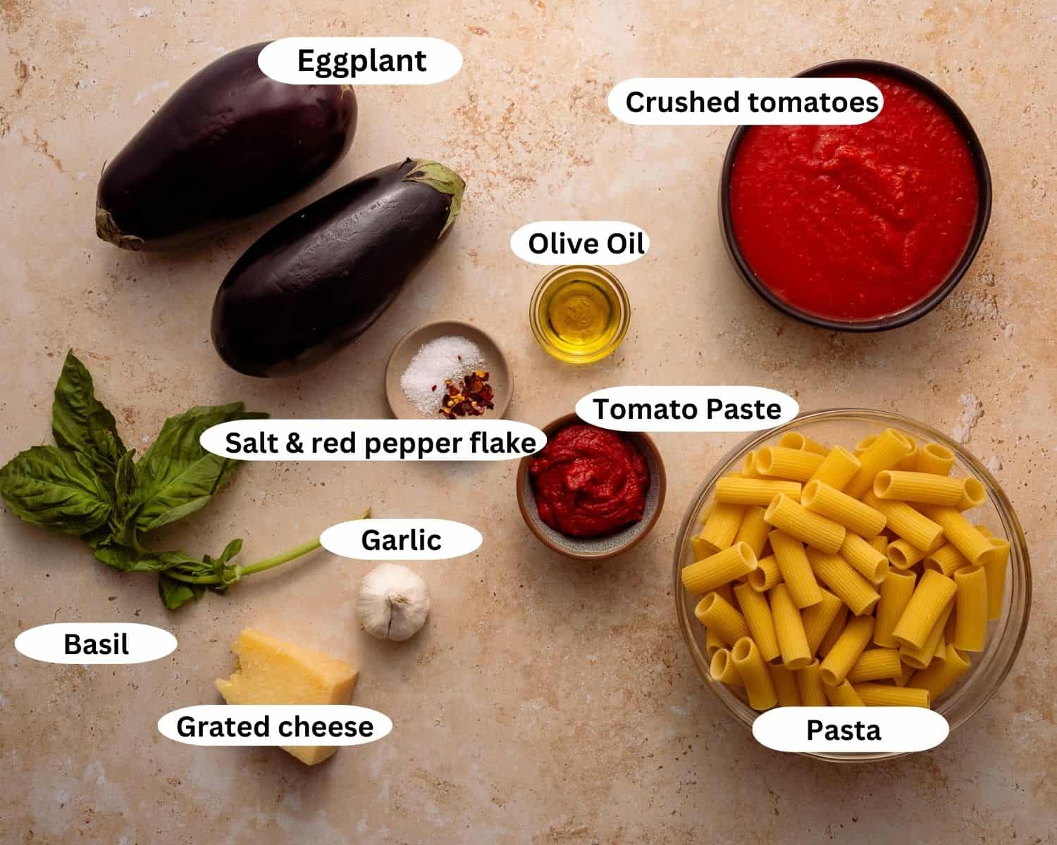 Ingredients for pasta alla norma. 