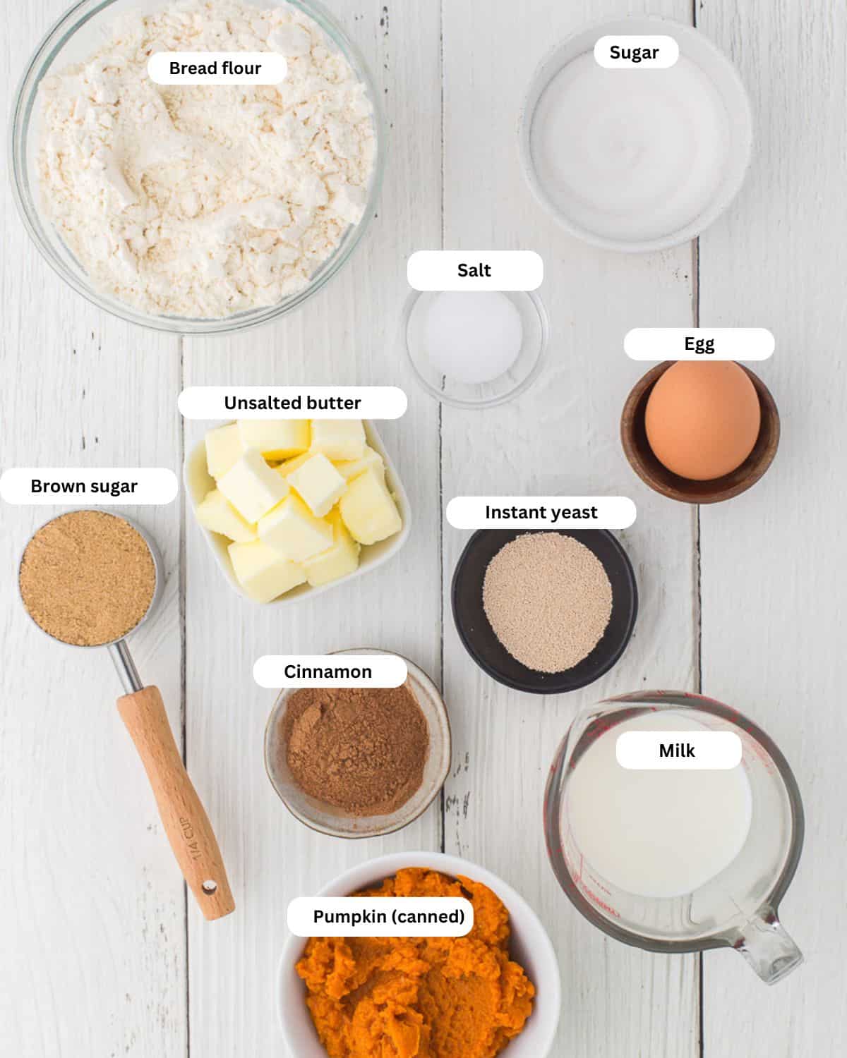 Labeled ingredients for pumpkin buns dough.