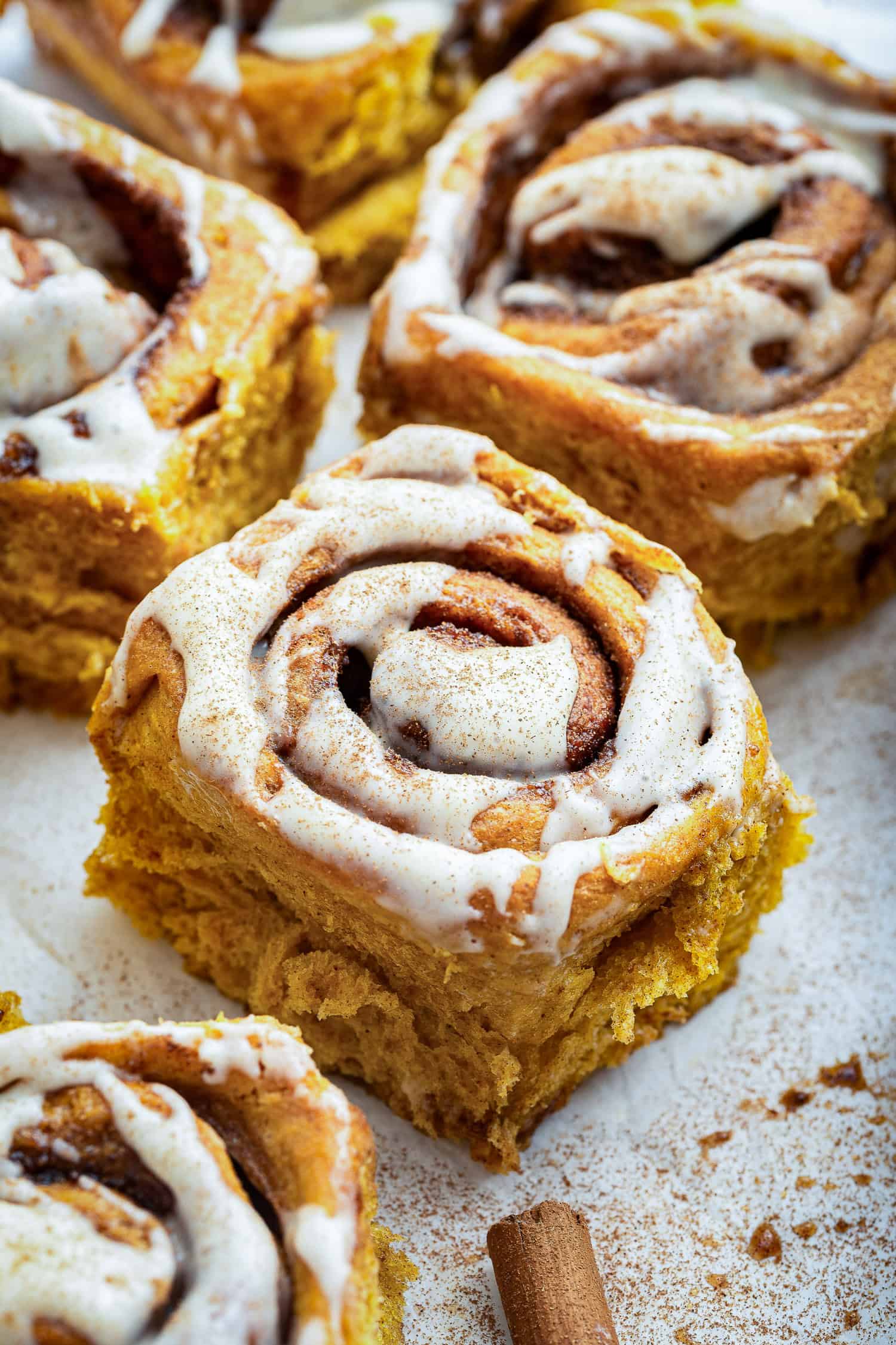 Close up of cinnamon rolls. 