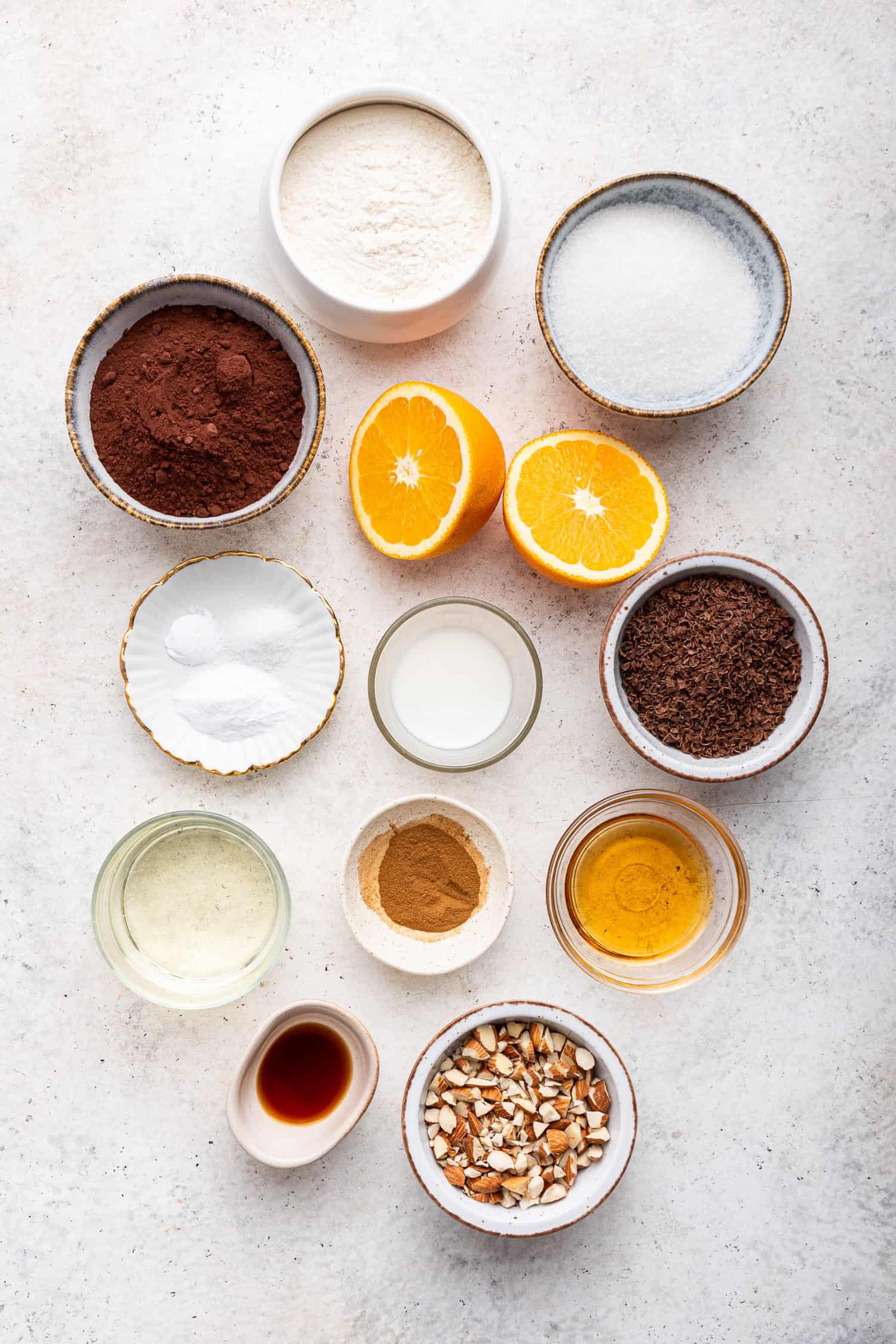 Ingredients for cookies measured out in bowls. 