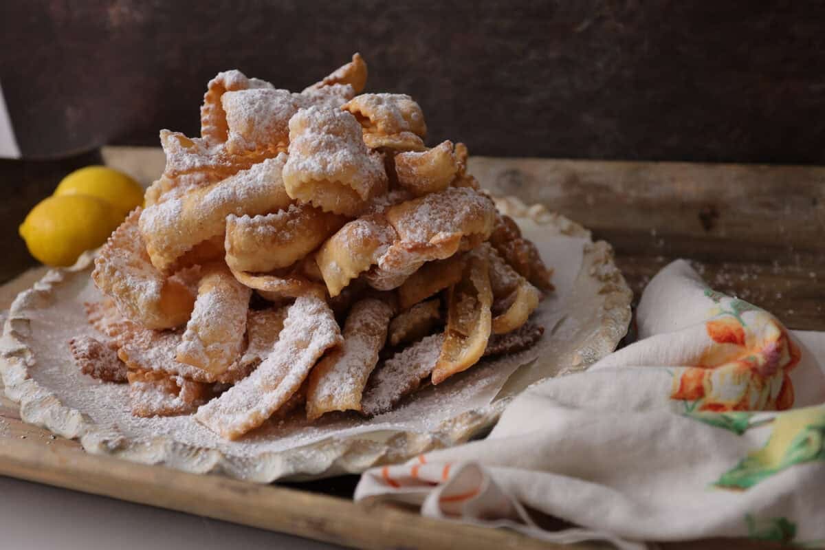 Dish of crostoli on white plate.