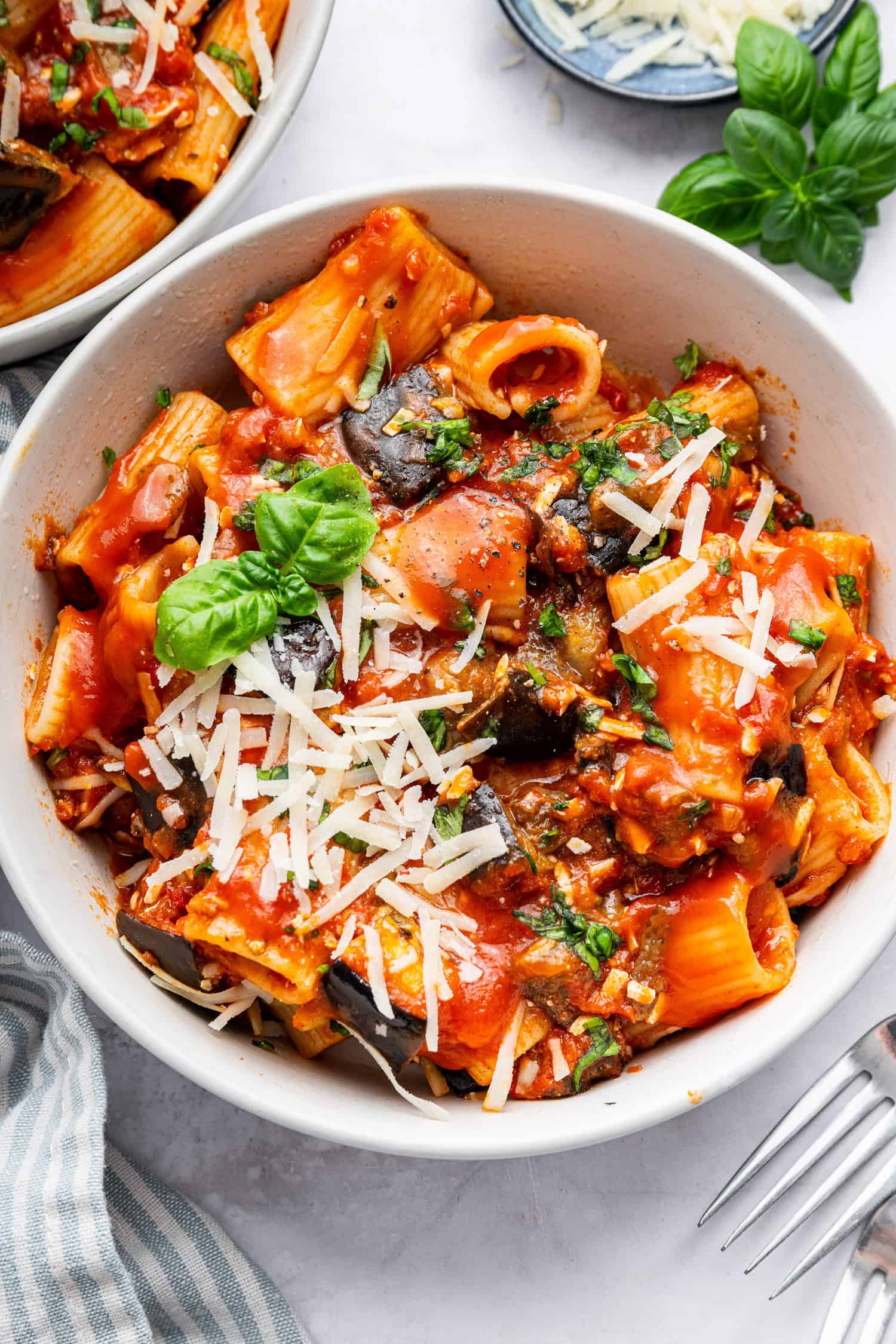 top view of pasta alla norma. 