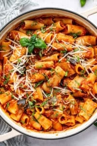 Close up of pasta alla norma.