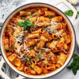 Pasta alla norma in white pot.