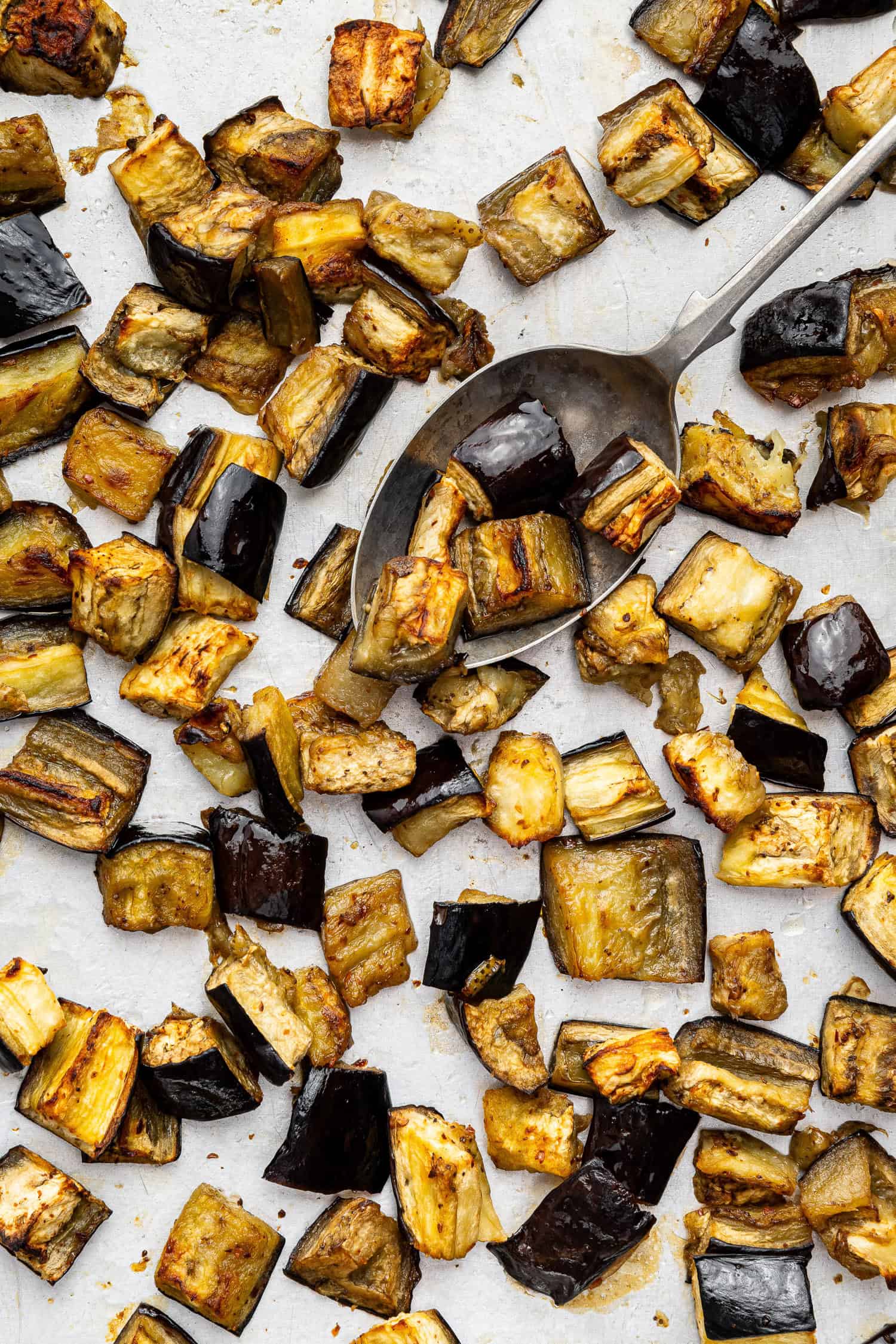 Roasted eggplant on sheet pan. 