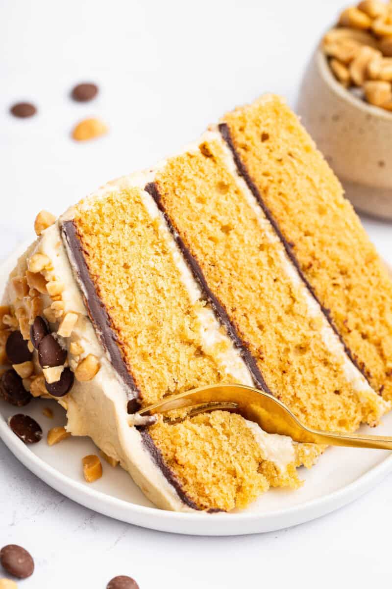 Slice of peanut butter cake with ganache and frosting.