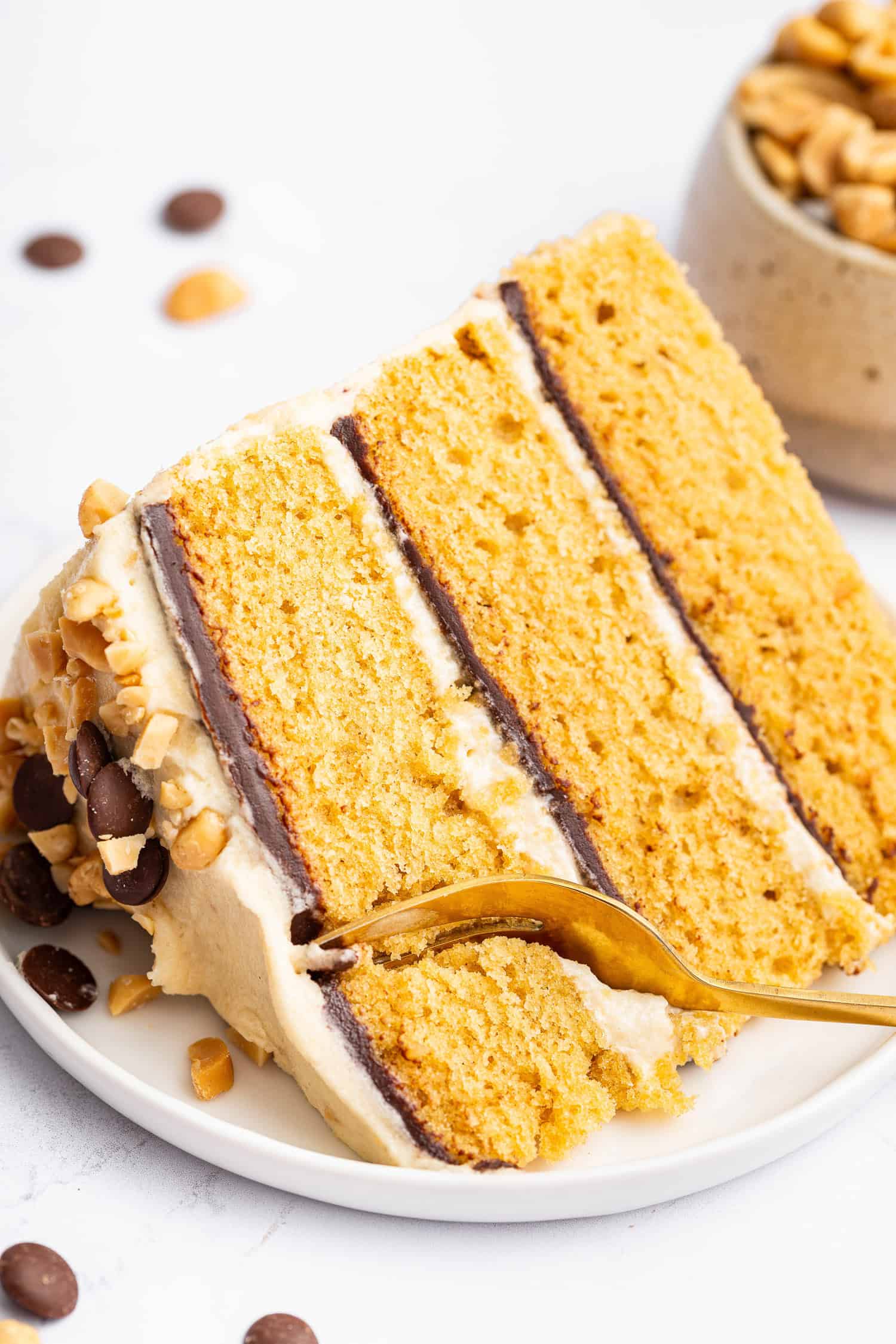 Slice of peanut butter cake with ganache and frosting.