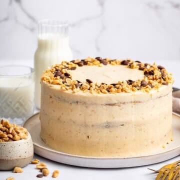 Peanut butter cake with nuts and chocolate.
