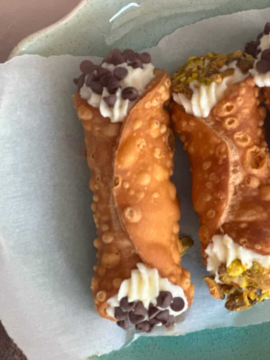 Close up picture of cannoli with chocolate chips.