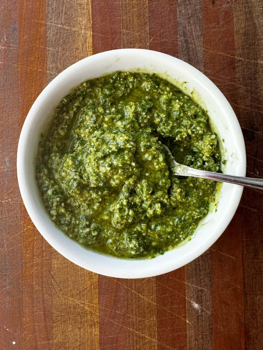 Pesto sauce in a bowl.