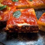 A pizza with tomato sauce and basil leaves.