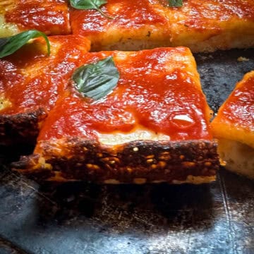 A pizza with tomato sauce and basil leaves.