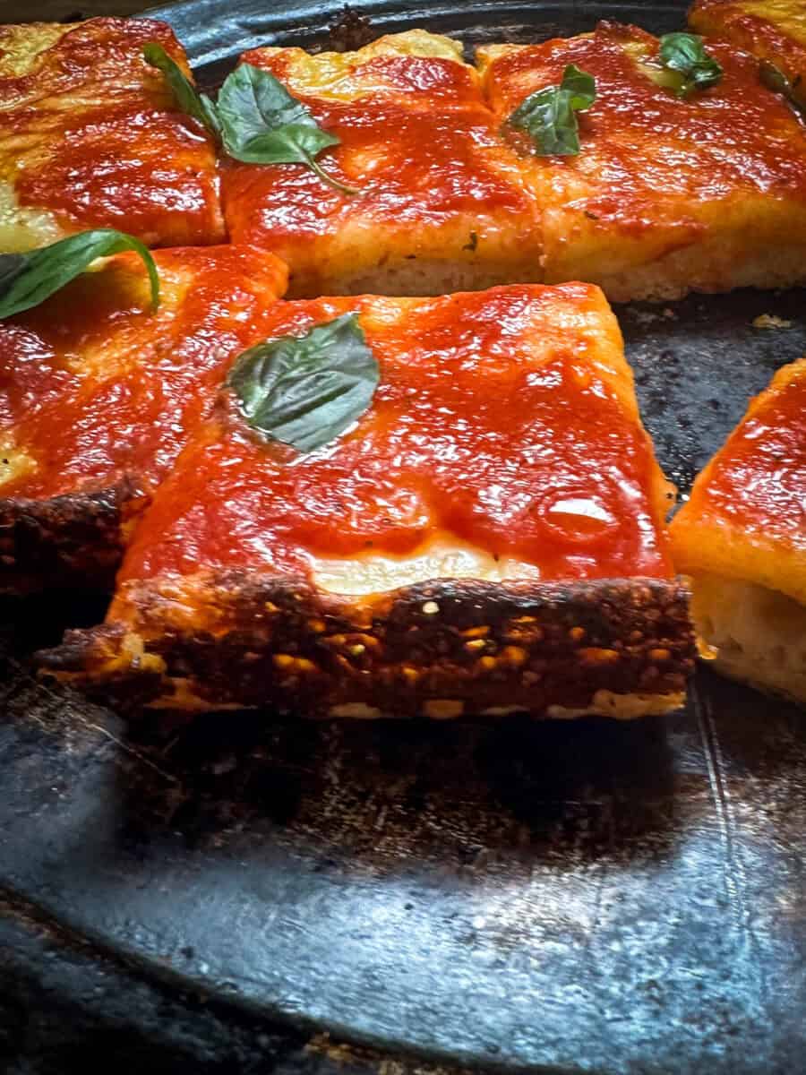 A pizza with tomato sauce and basil leaves.