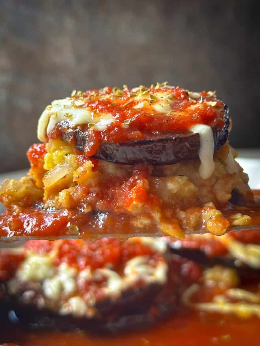 Creamy stuffed eggplant topped with melted cheese and tomato sauce. Delicious vegetarian baked dish with herbs and seasonings.
