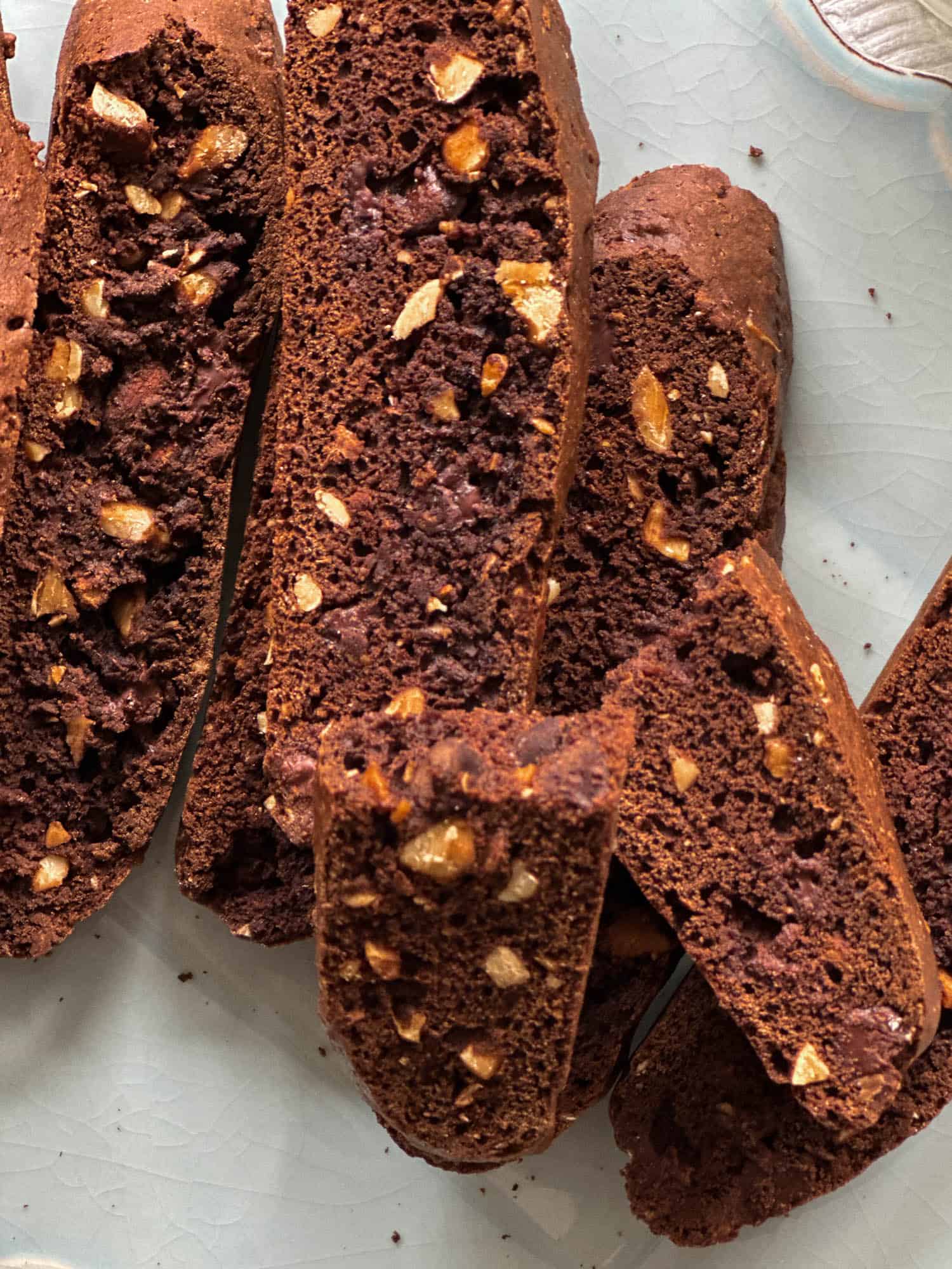 Rich chocolate biscotti with chopped nuts for a tasty treat.