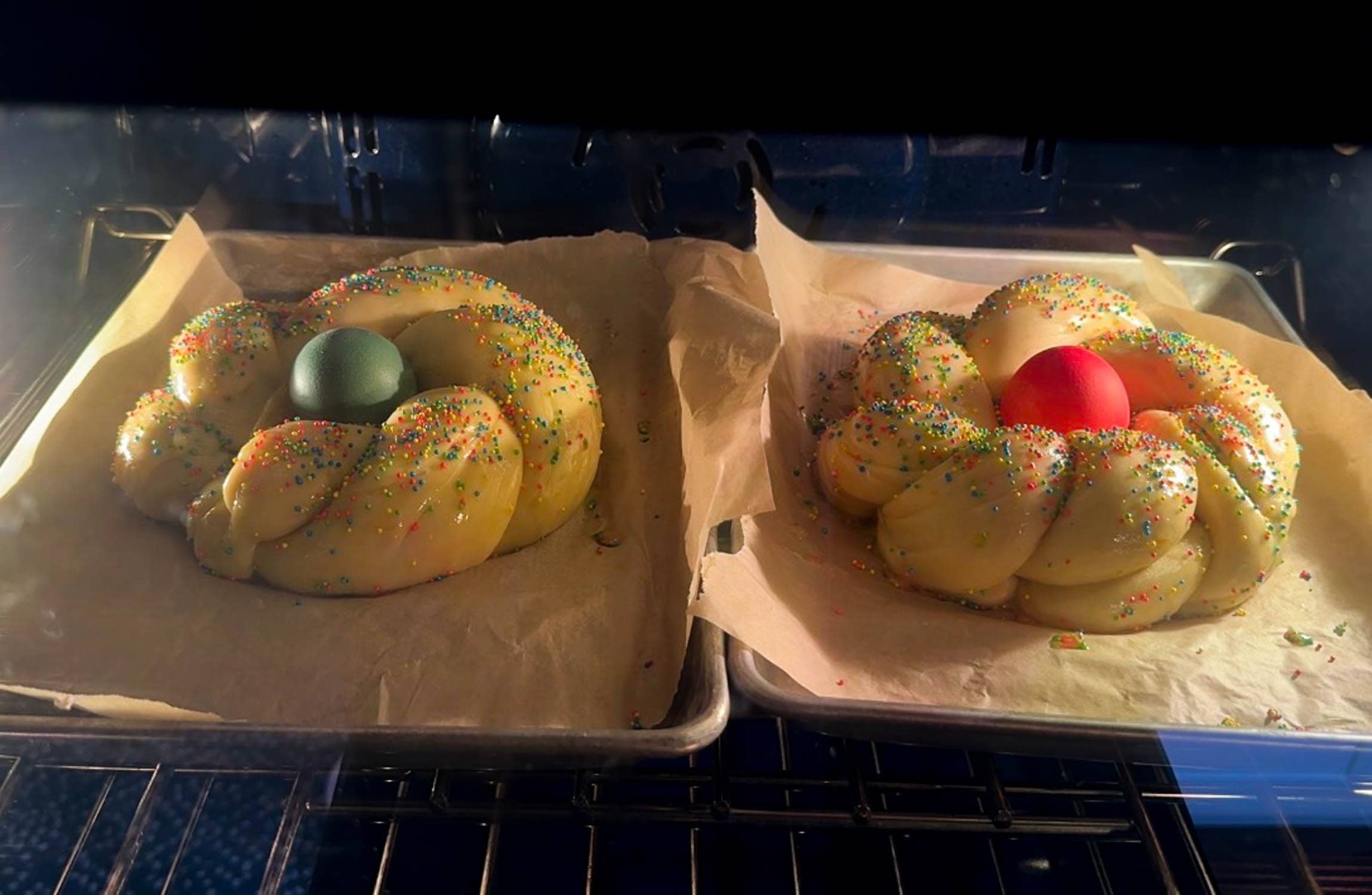 Loaves in oven before baking. 
