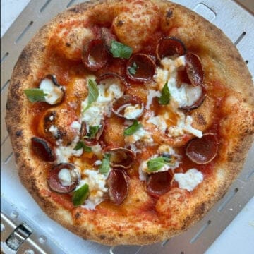 top view of hot honey pepperoni neapolitan pizza from Ooni.