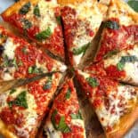 Top view of cast iron pizza