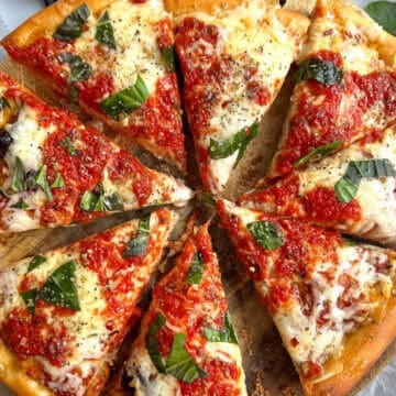 Top view of cast iron pizza
