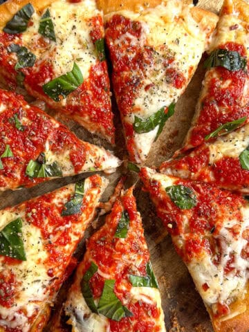 Top view of cast iron pizza