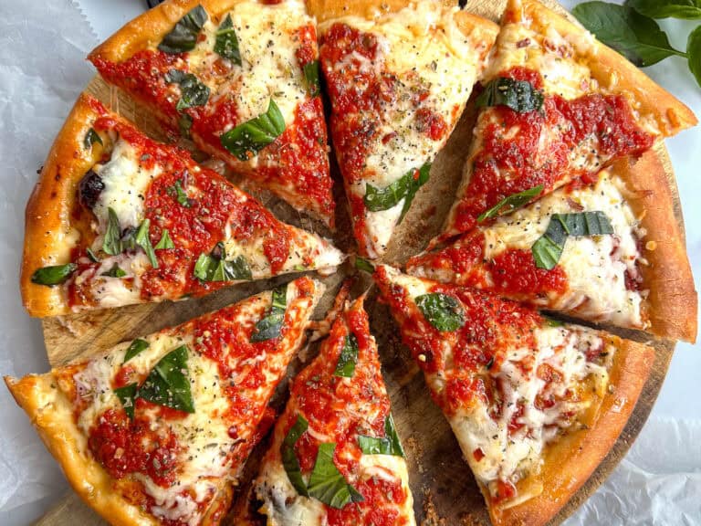 Top view of cast iron pizza