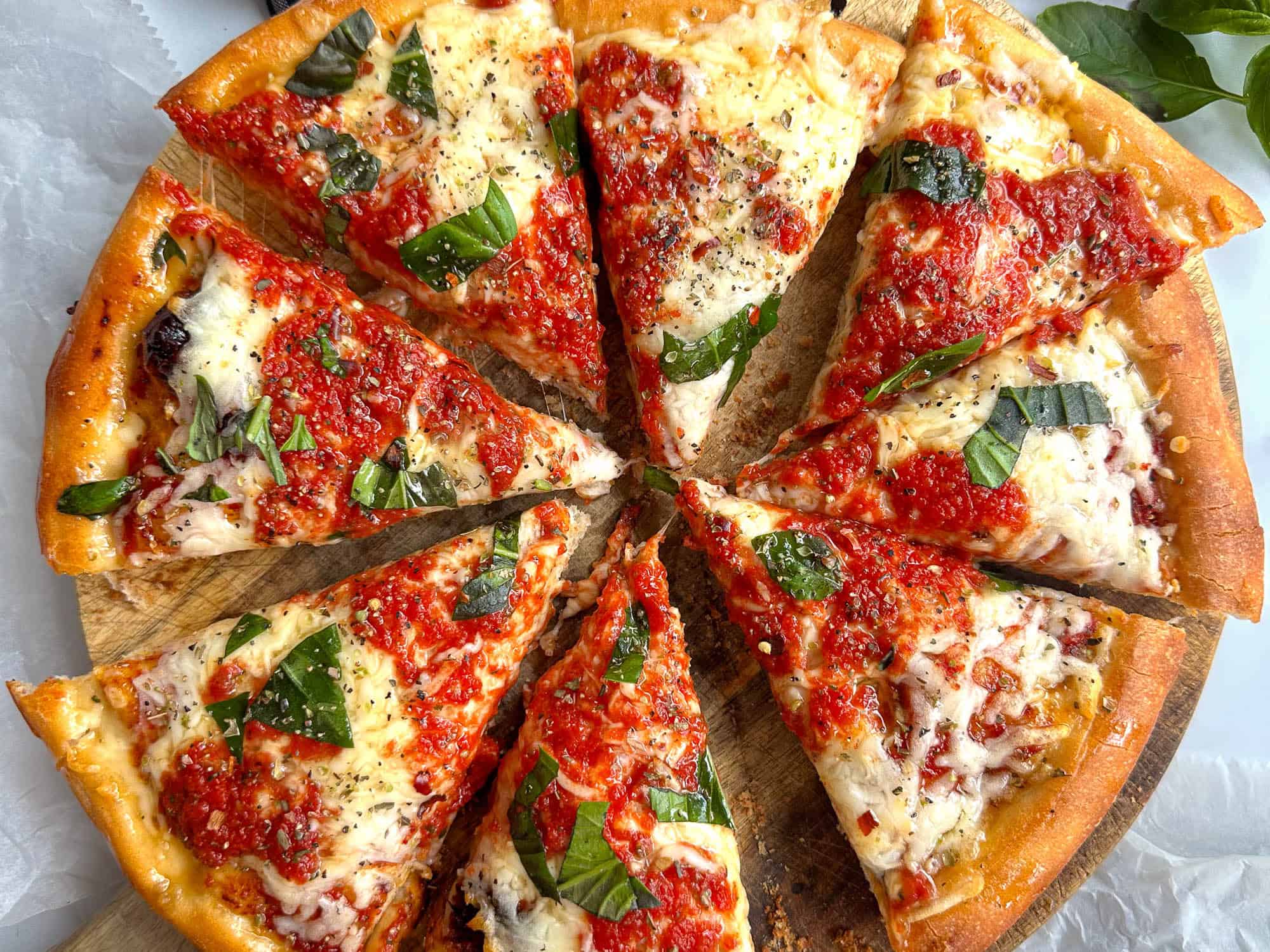 Top view of cast iron pizza