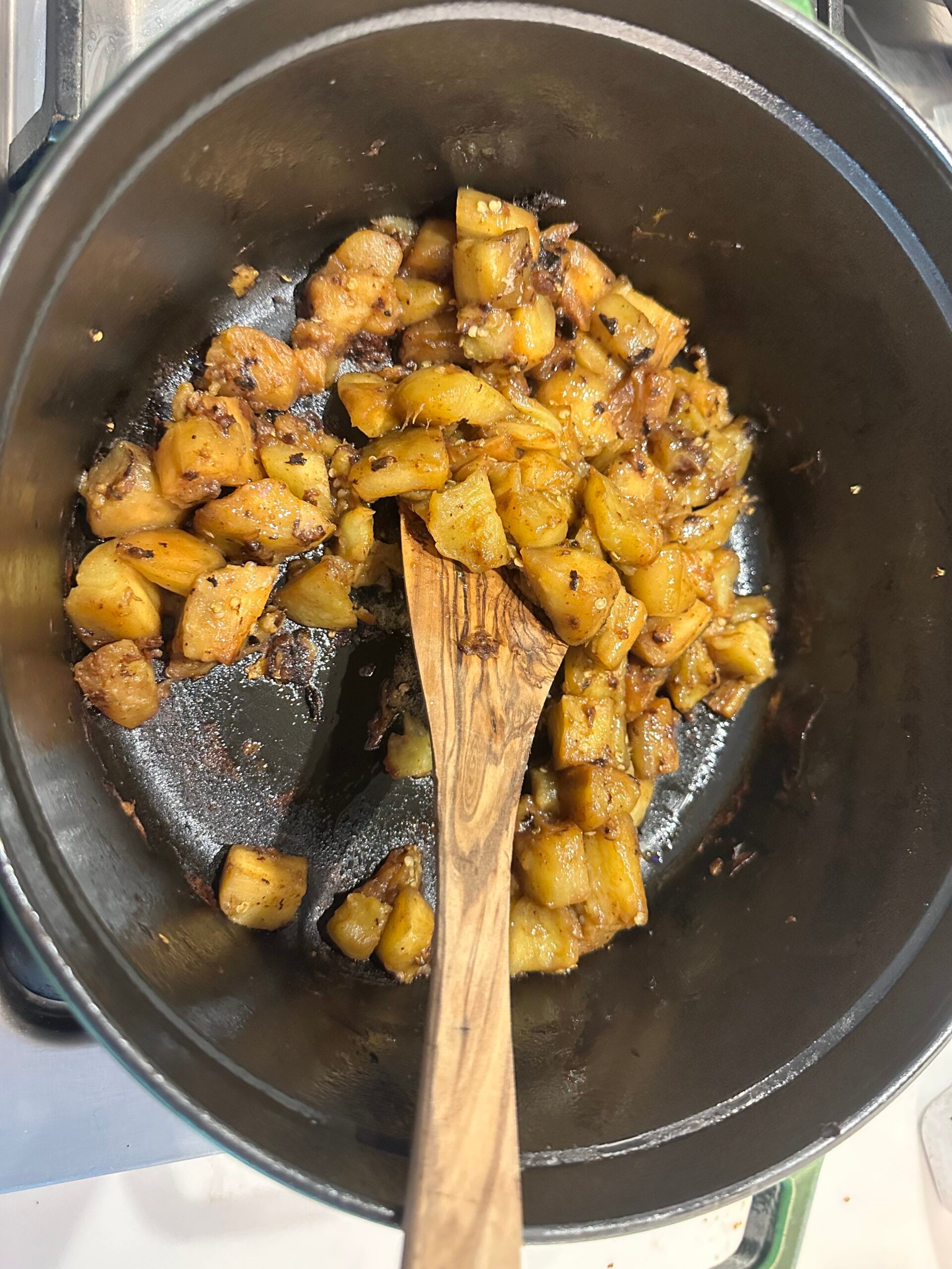 Caramelized eggplant cooked well. 